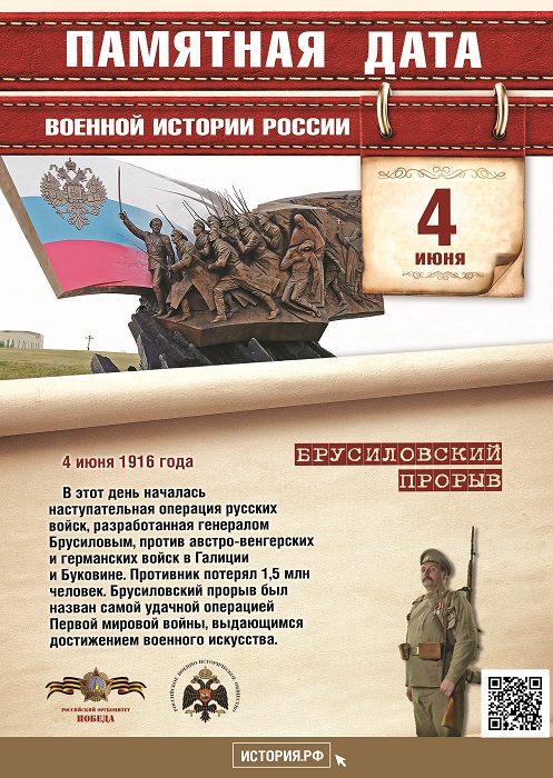 Памятная дата военной истории России. В  этот  день  в  1916  году  в  ходе  Первой мировой  войны  началось  наступление русских  войск  под  командованием Алексея Алексеевича Брусилова